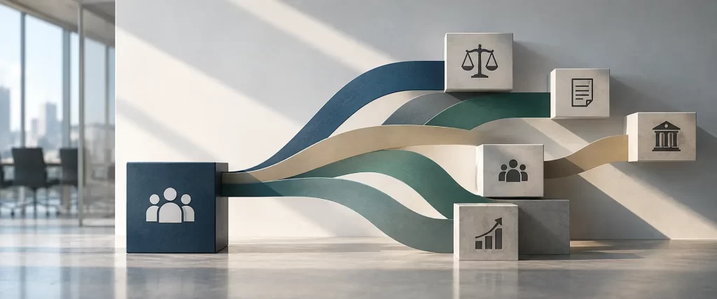 Abstract network of connected practice areas showing how client needs can lead to cross-serving opportunities.