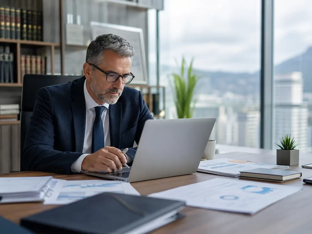 Lawyer using AI-powered research to analyze client business, industry trends, and prepare strategic legal advice