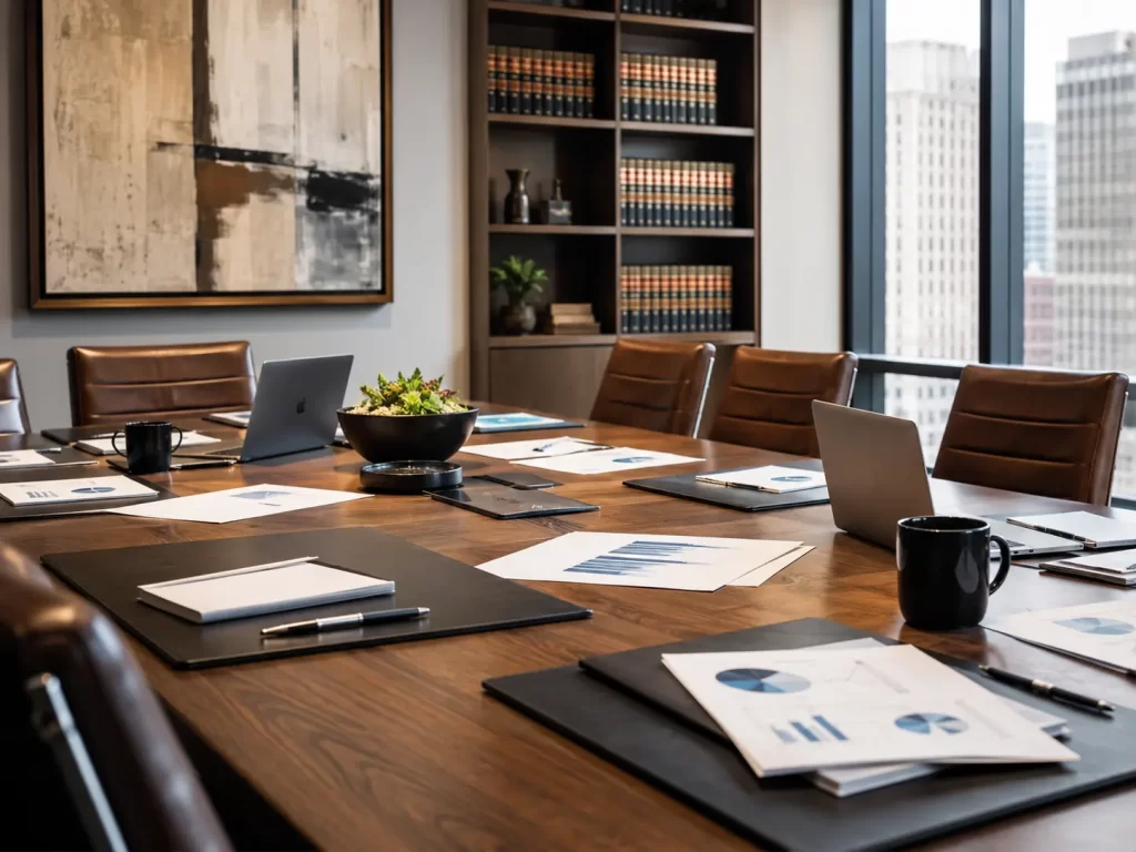 Law firm practice group leaders reviewing client opportunities and revenue growth plans with their legal team